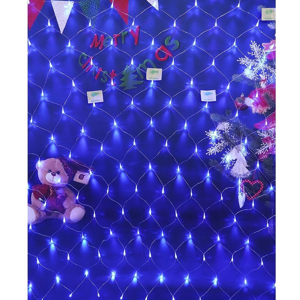 Instalatie Craciun, Tip Plasa, 7.5 m x 1.5 m, 600 LED-uri, Albastru, 8 jocuri de lumini, Transformator, Interconectabila, Prelungitor 3 m inclus, Fir transparent, Vivimall - vivimall.ro
