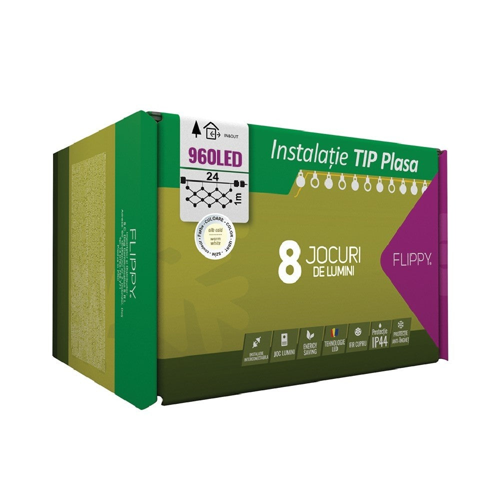 Instalatie Craciun, Tip Plasa, IP 44, 24 x 1 m, 960 LED-uri, Alb cald, 8 jocuri de lumini, Transformator fara telecomanda, Interconectabila, Prelungitor 3 m inclus, Fir transparent, Flippy - vivimall.ro