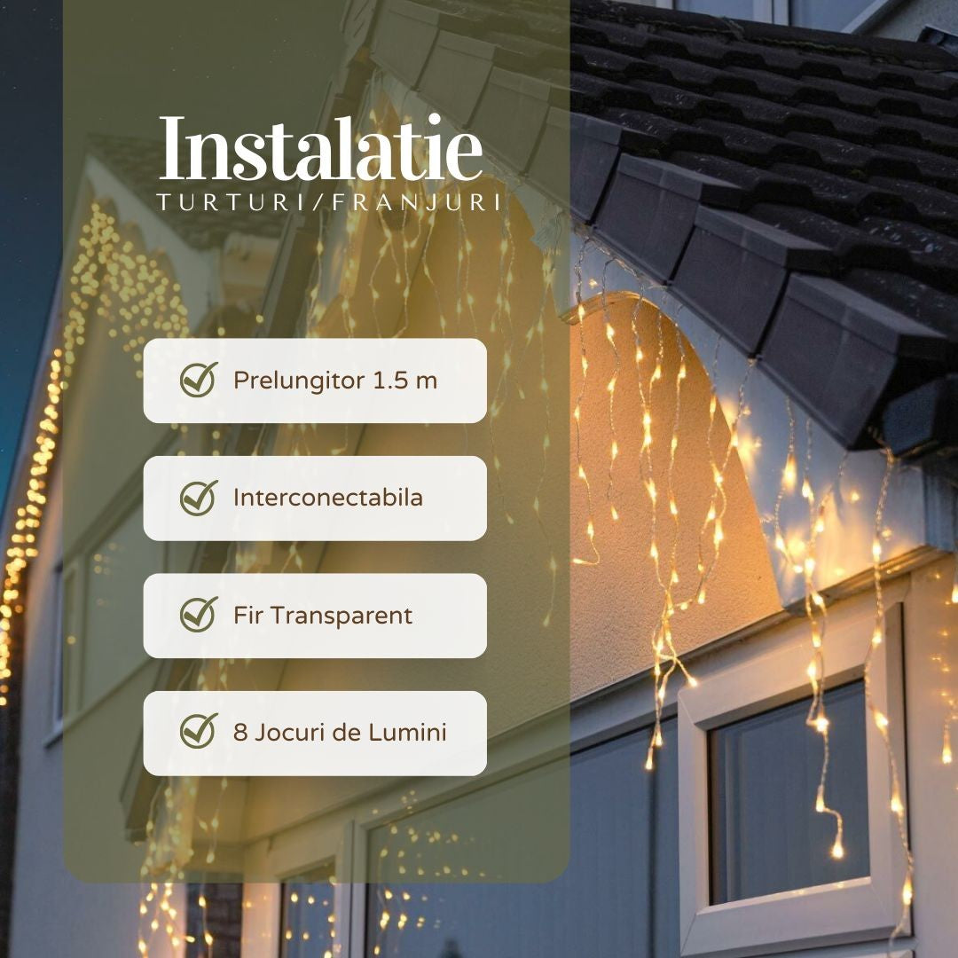 Instalatie Craciun Yoto, Tip Franjuri/Turturi, 12 m, 300 LED-uri, Prelungitor 1.5 m, 8 Jocuri de Lumini, Interconectabila, Conectare la Retea, Fir transparent, Interior/Exterior, Alb Cald - vivimall.ro