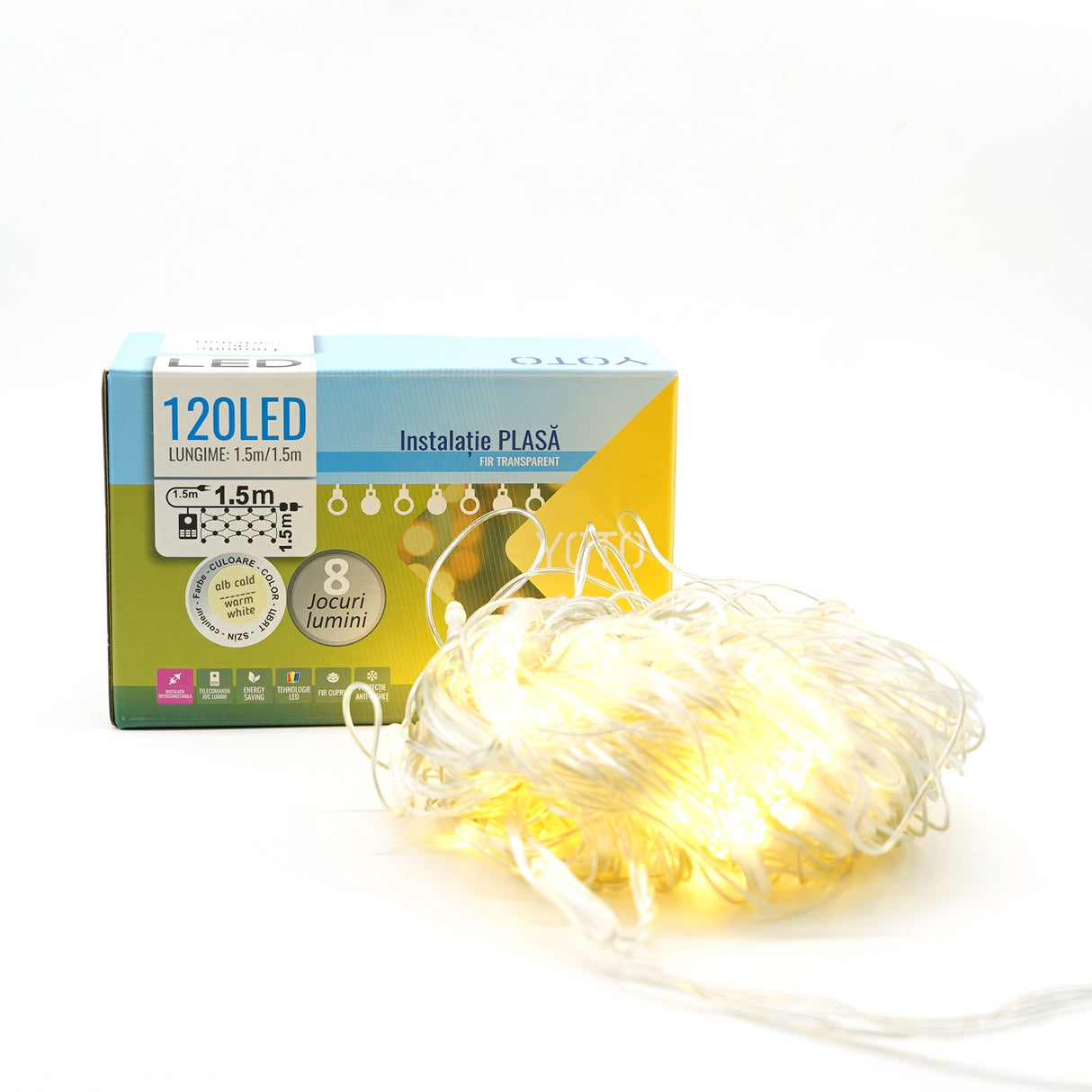 Instalatie Craciun Yoto, Tip Plasa, 1.5 m x 1.5 m, 120 LED-uri, Prelungitor 1.5 m, 8 Jocuri de Lumini, Interconectabila, Fir transparent, Interior/Exterior, Alb Cald - vivimall.ro