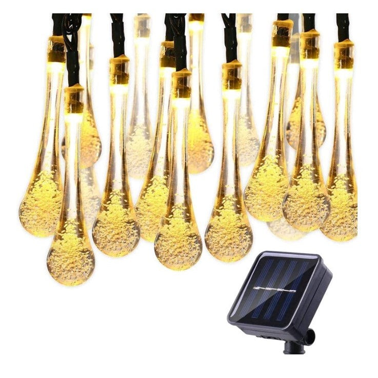 Instalație solară exterior 6 m cu 28 LED-uri ornament picătură de apă, fir negru, lumină alb cald – vedere frontală