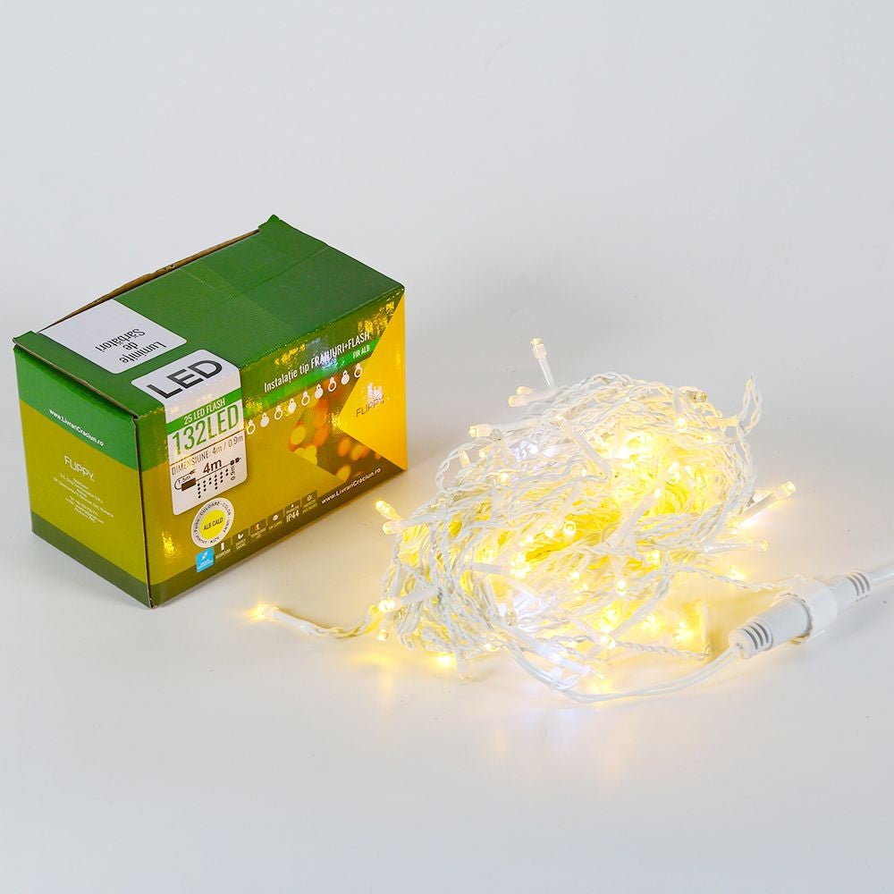 Instalatie de Craciun, Basic Flippy®, Tip Turturi / Franjuri cu Flash, 4 m, 132 LED-uri, Interconectabila, Alb Cald - vivimall.ro