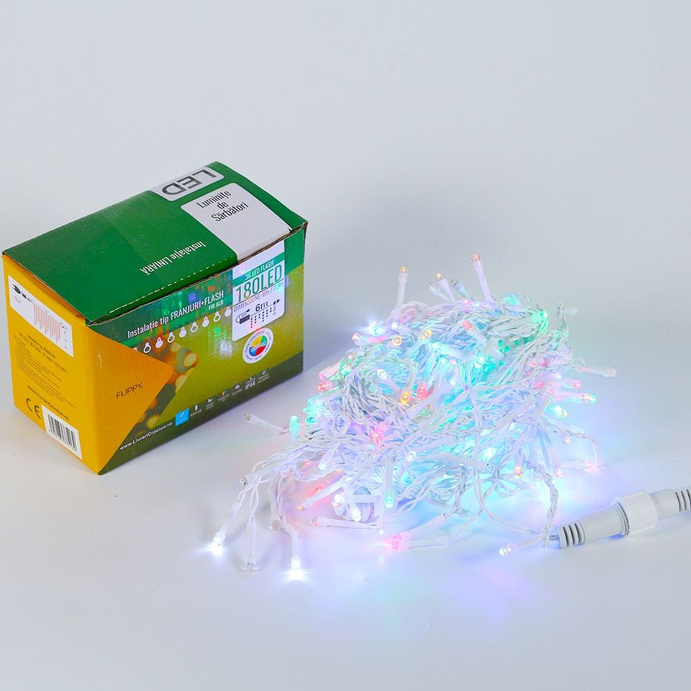 Instalatie de Craciun, Basic Flippy® Tip Turturi / Franjuri cu Flash, 6 m, 180 LED-uri, Interconectabila, Multicolor - vivimall.ro