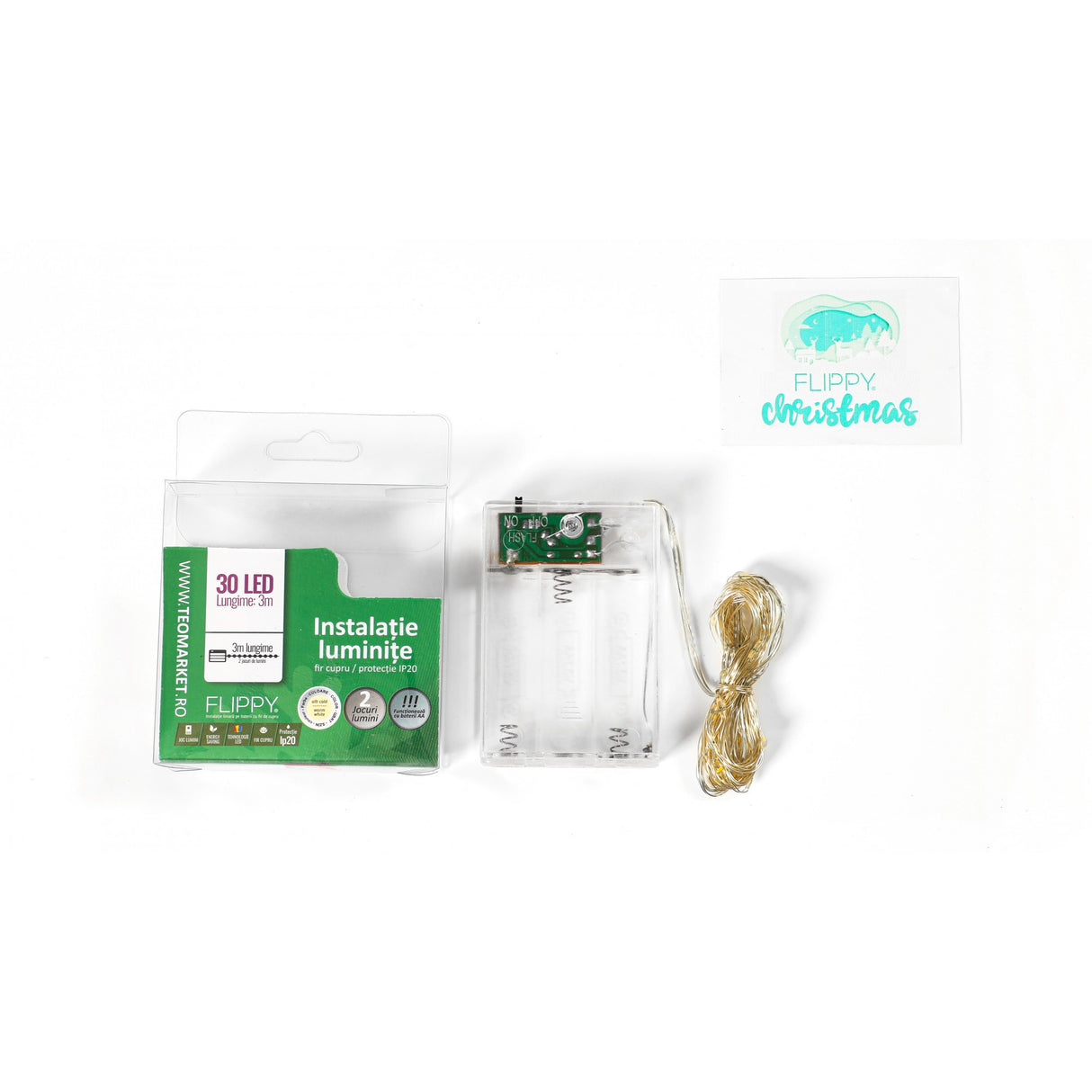 Instalatie de Craciun cu Baterii Tip Liniar, 2 jocuri de lumini, Fir Cupru 3 m 30 LED -uri, Alb Cald - vivimall.ro
