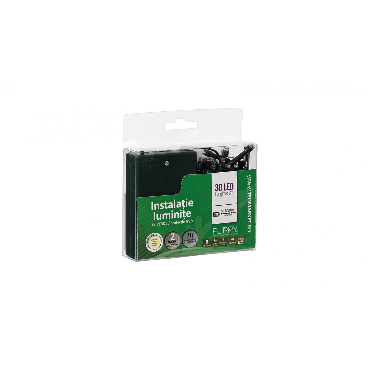 Instalatie de Craciun cu Baterii Tip Liniar, 2 jocuri de lumini, Fir Verde 3 m 30 LED -uri, Alb Cald - vivimall.ro