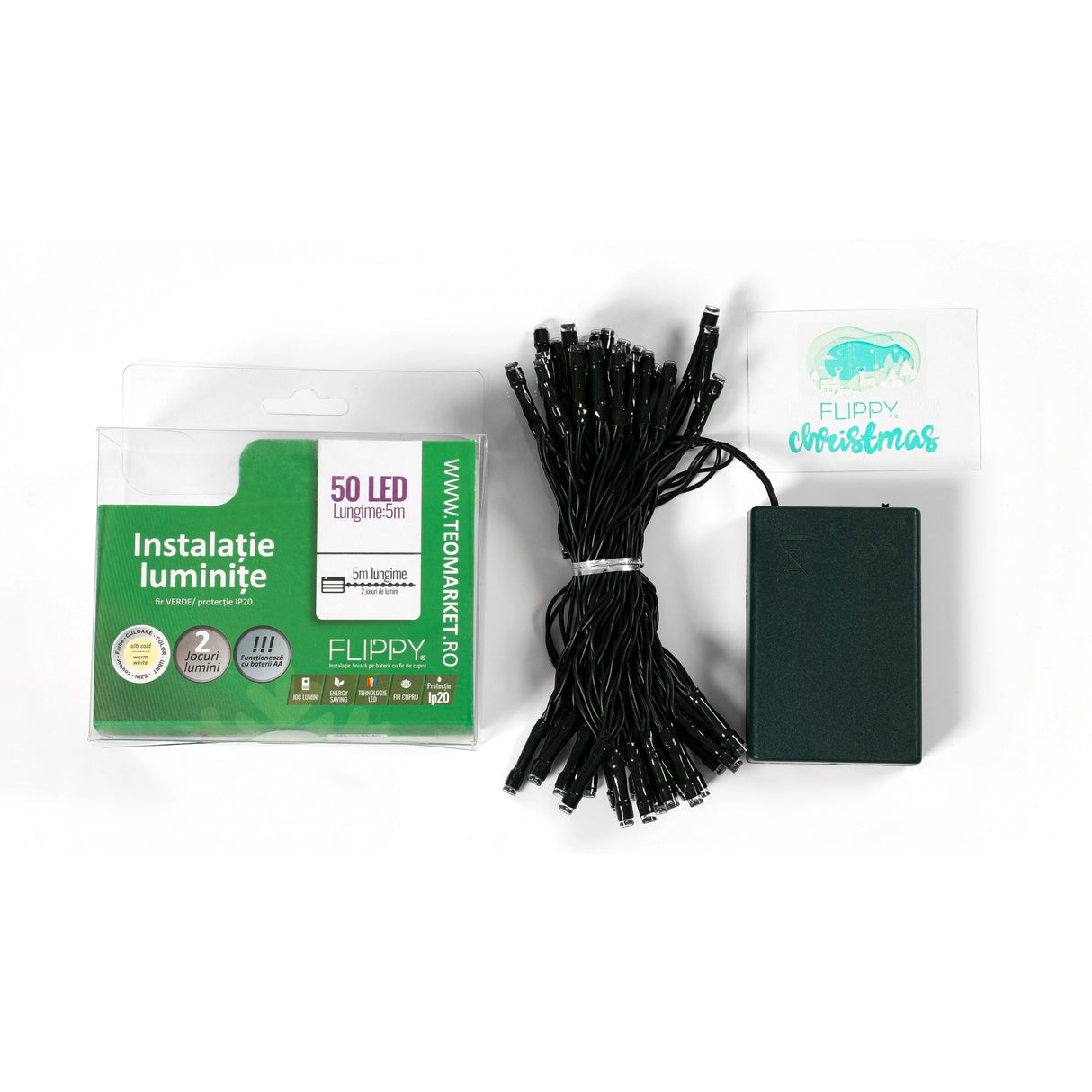 Instalatie de Craciun cu Baterii Tip Liniar, 2 jocuri de lumini, Fir Verde 5 m 50 LED -uri, Alb Cald - vivimall.ro