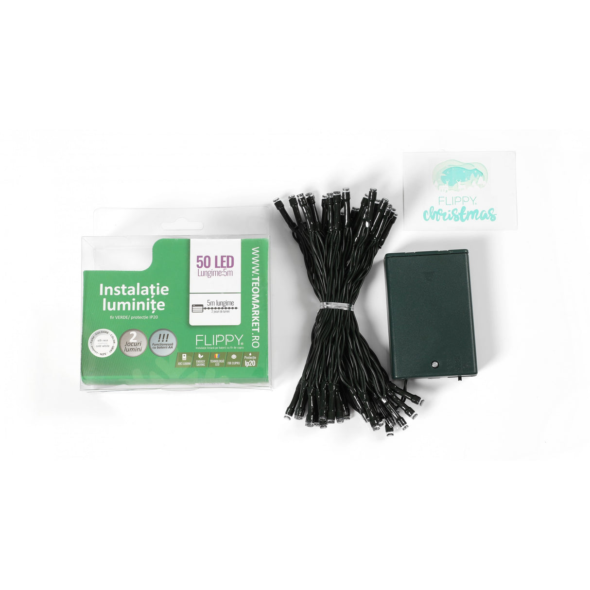 Instalatie de Craciun cu Baterii Tip Liniar, 2 jocuri de lumini, Fir Verde 5 m 50 LED -uri, Alb Rece - vivimall.ro