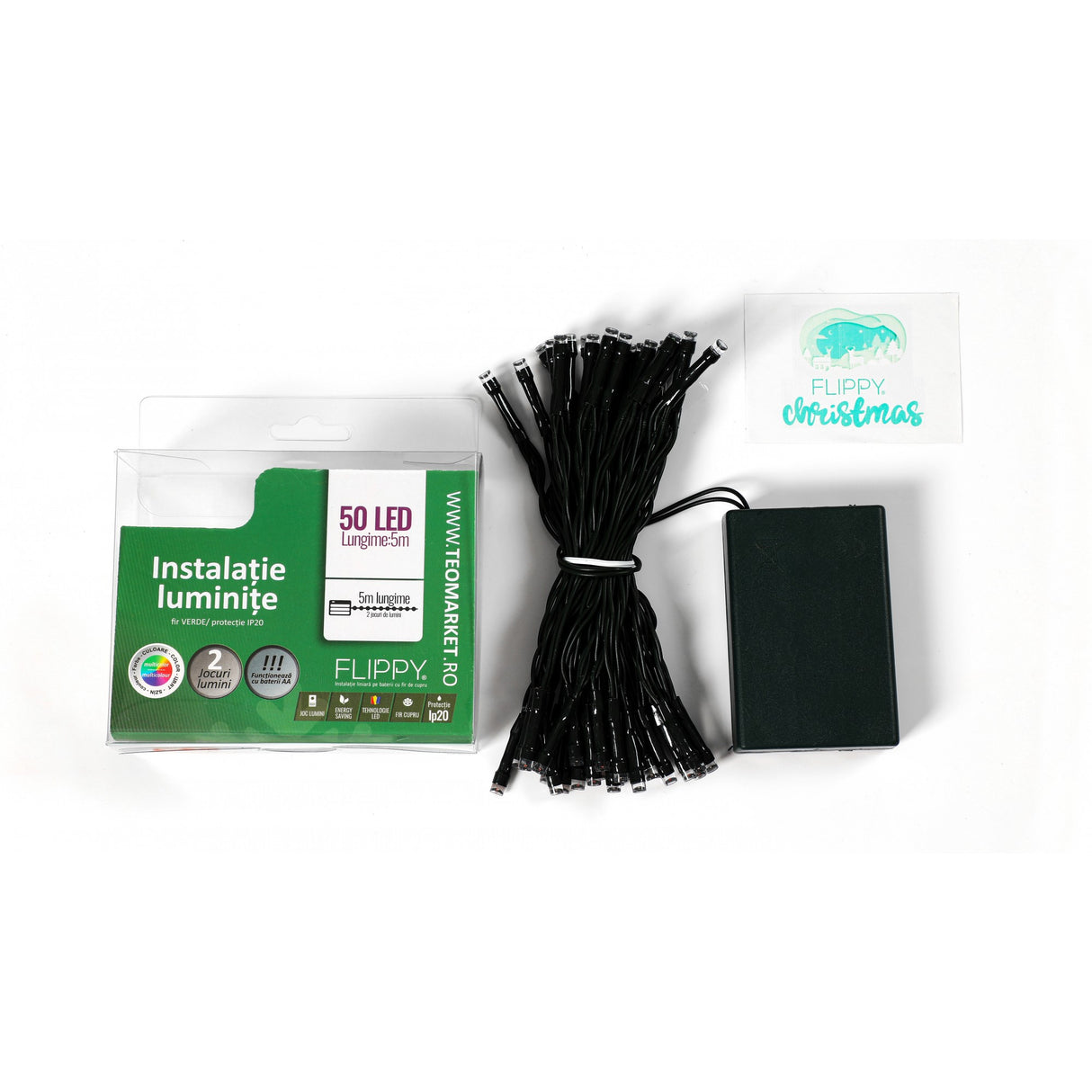 Instalatie de Craciun cu Baterii Tip Liniar, 2 jocuri de lumini, Fir Verde 5 m 50 LED -uri, Multicolor - vivimall.ro