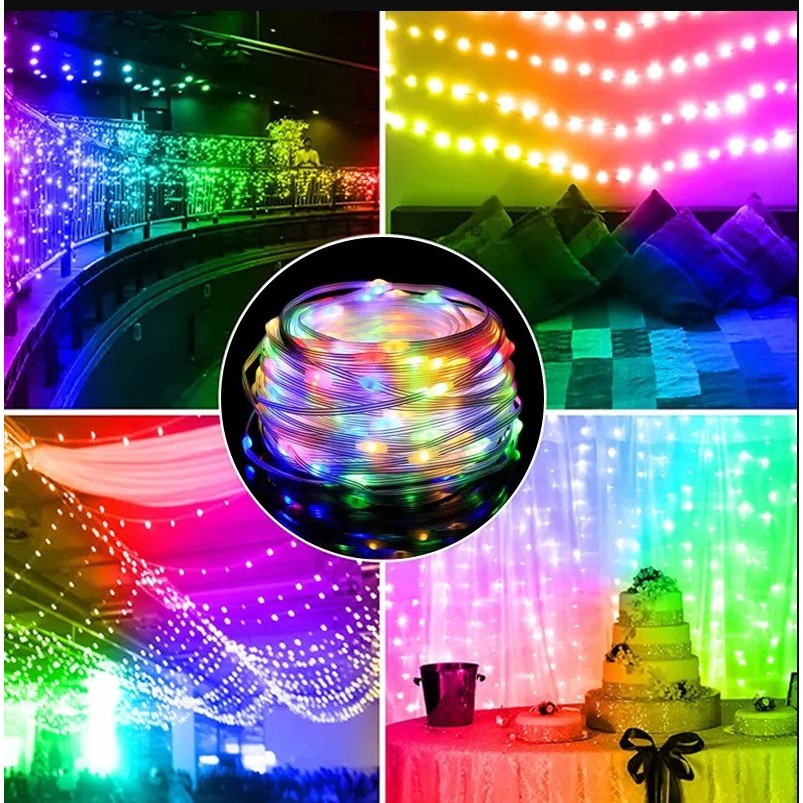 Detaliu micro LED-uri multicolore instalație Yoto pe fir transparent, 100 becuri, lungime 10 m