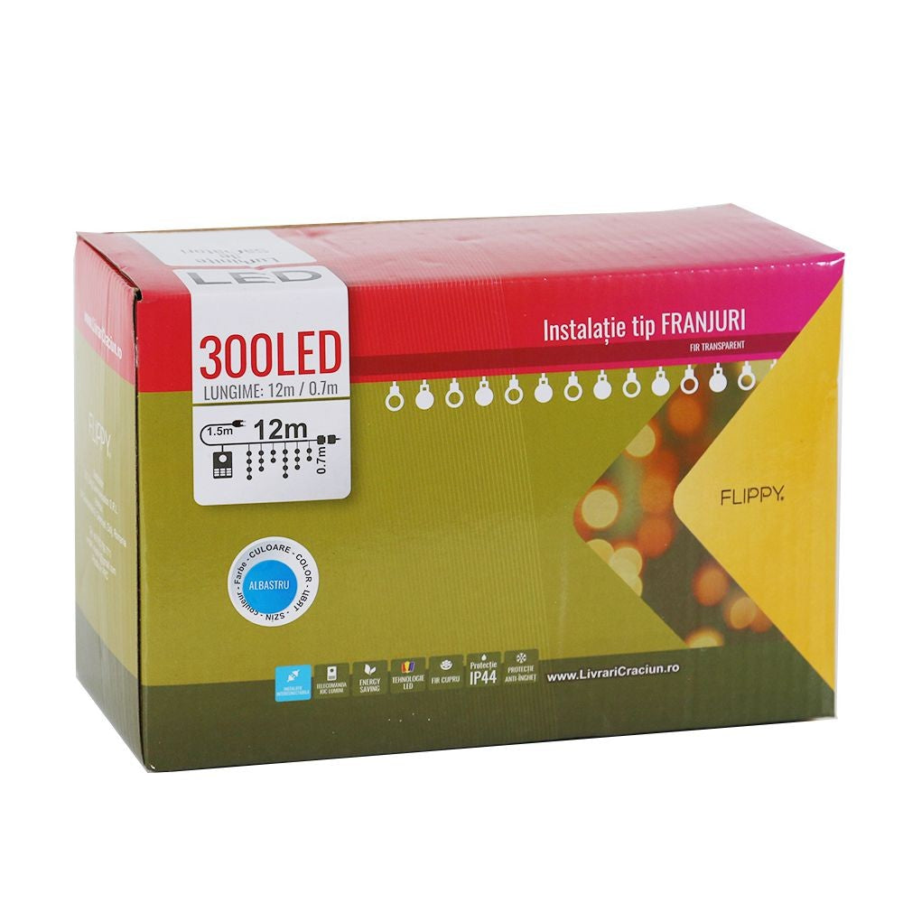 Instalatie de Craciun Flippy® Tip Franjuri, 12 m, 300 LED-uri, Interconectabila, Albastru - vivimall.ro