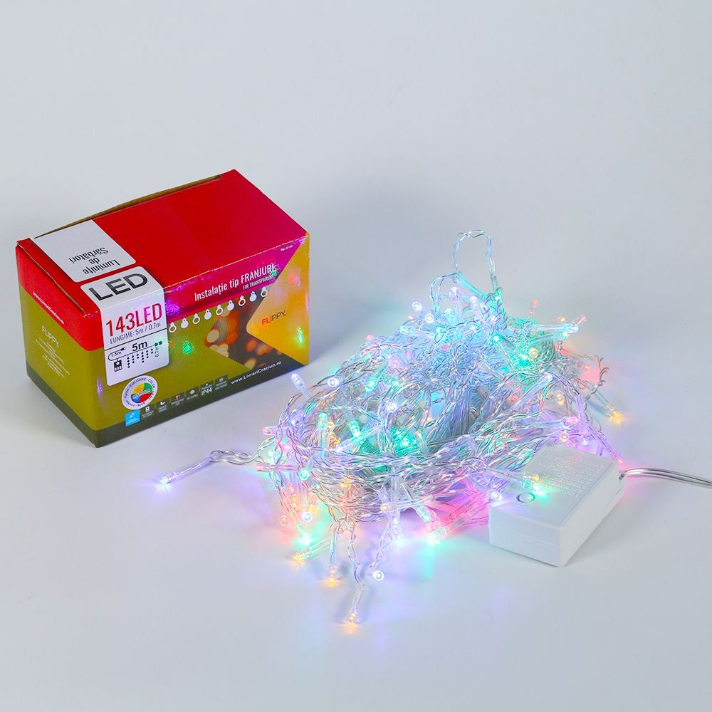 Instalatie de Craciun, Flippy®, Tip Franjuri, 5 m, 143 LED-uri, Interconectabila, Multicolor - vivimall.ro