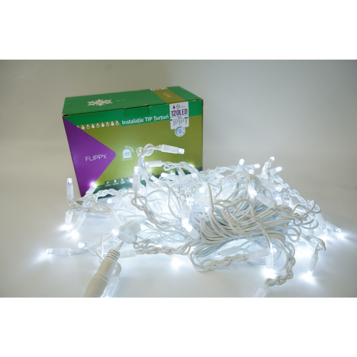 Instalatie de Craciun Vivimall® Tip Franjuri cu Flash, IP65, Sectiune 5 m, 120 LED-uri, Interconectabila, Fir Alb, Alb Rece, Atentie! Nu contine Alimentator - vivimall.ro