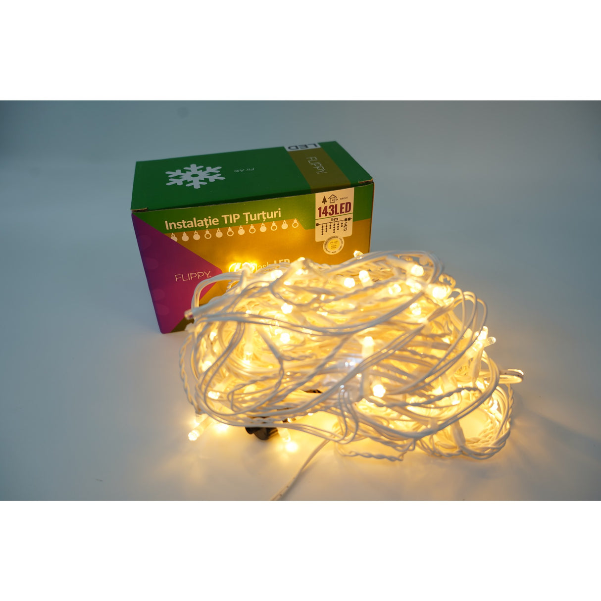 Instalatie de Craciun Vivimall® Tip Franjuri cu Flash, Sectiune 5 m, 143 LED-uri, Interconectabila, Fir Alb, Alb Cald - vivimall.ro