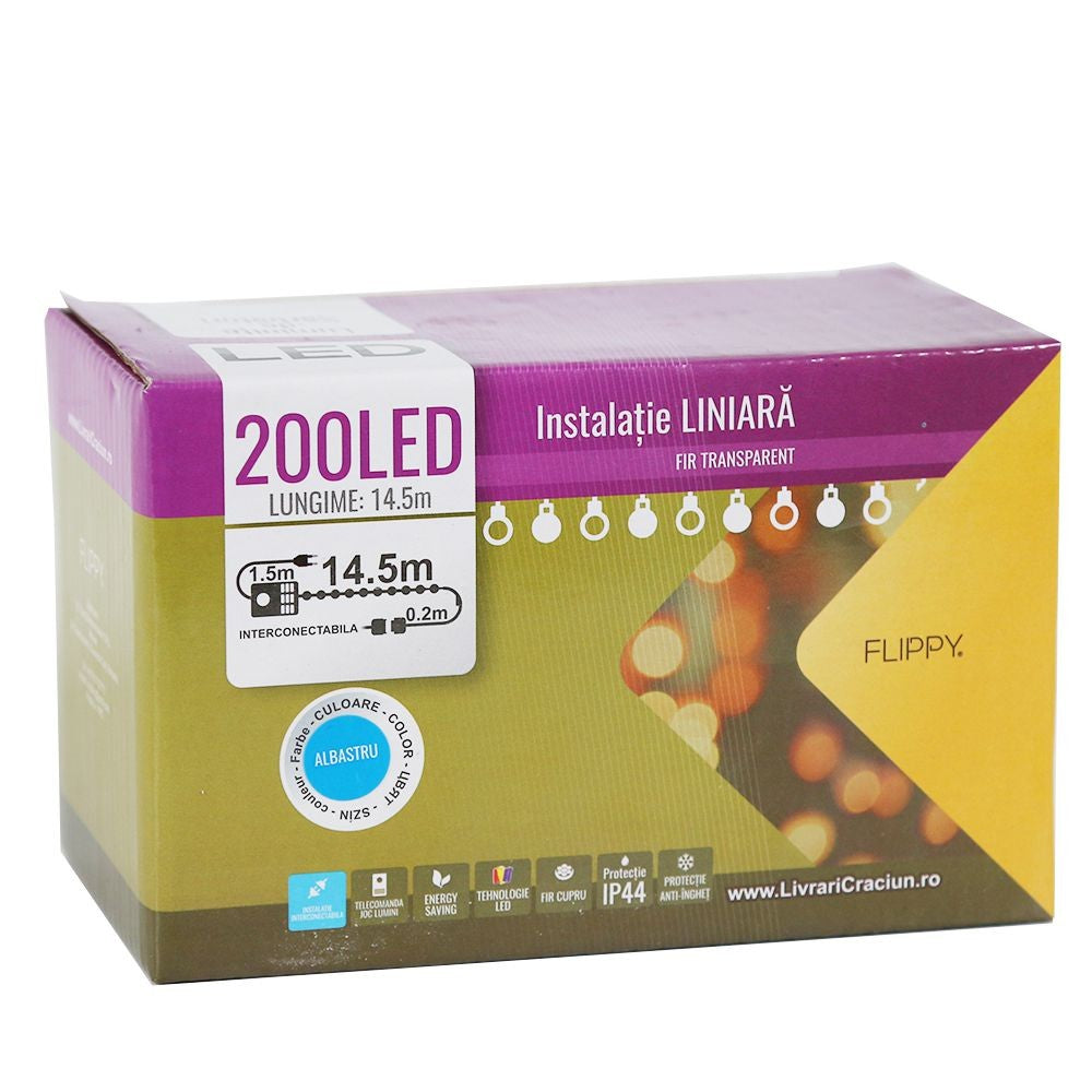 Instalatie de Craciun, Flippy®, Tip Liniara, 14.5 m, 200 LED-uri, Interconectabila, Albastru - vivimall.ro
