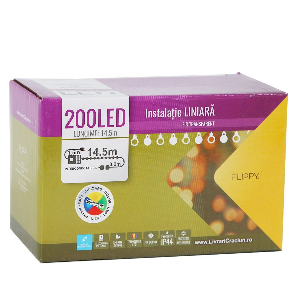 Instalatie de Craciun, Flippy®, Tip Liniara, 14.5 m, 200 LED-uri, Interconectabila, Multicolor - vivimall.ro