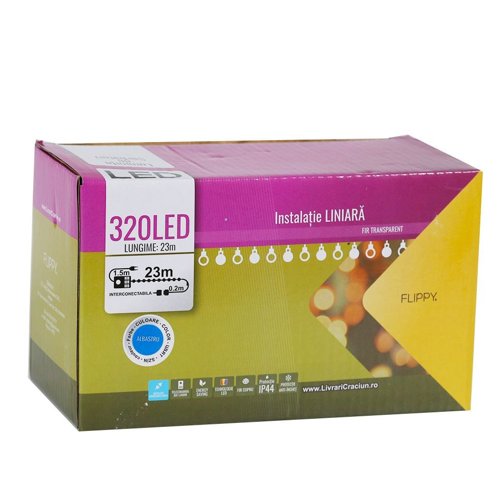 Instalatie de Craciun, Flippy®, Tip Liniara, 23 m, 320 LED-uri, Interconectabila, Albastru - vivimall.ro