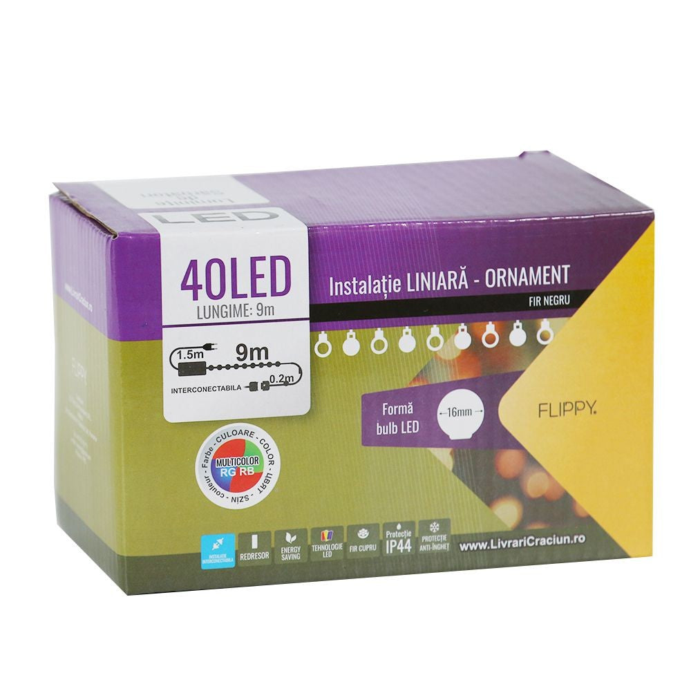 Instalatie de Craciun, Flippy®, Tip Liniara, 9 m, 40 LED-uri, Model Bulb, Interconectabila, Multicolor - vivimall.ro