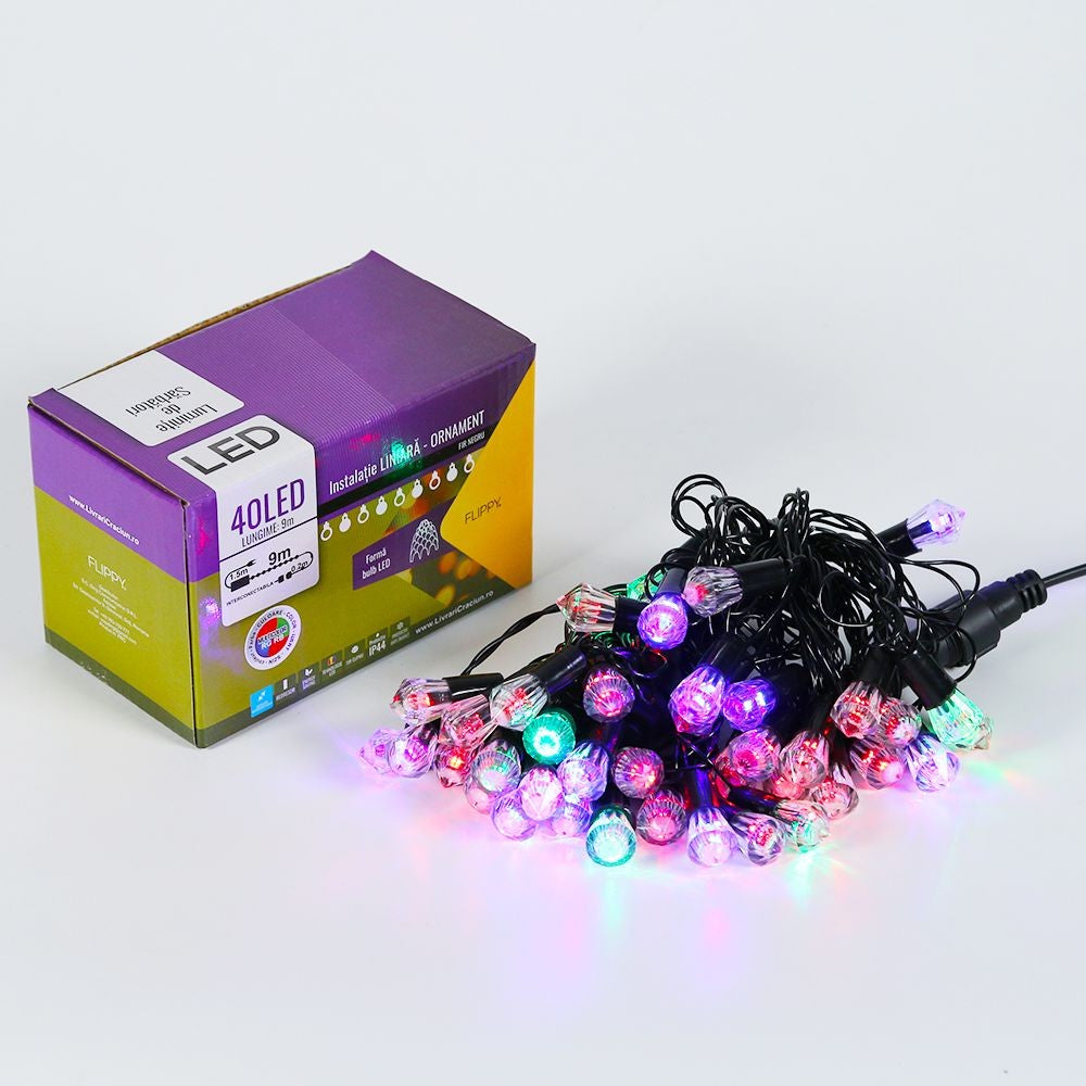 Instalatie de Craciun, Flippy®, Tip Liniara, 9 m, 40 LED-uri, Model Cristal, Interconectabila, Multicolor - vivimall.ro