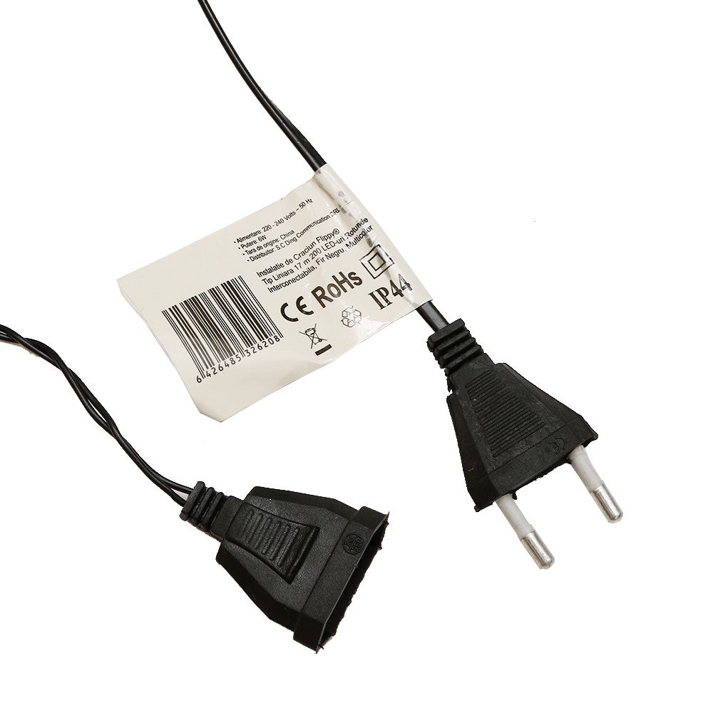 Instalatie de Craciun Flippy® Tip Liniara, Fir Negru, 17 m, 200 LED-uri Mici Rotunde, Interconectabila, Multicolor - vivimall.ro