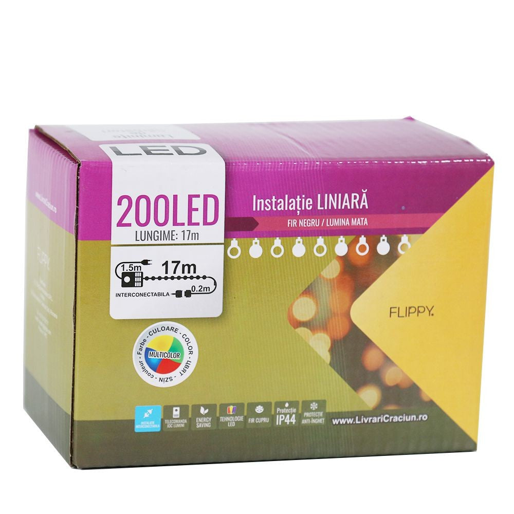 Instalatie de Craciun Flippy® Tip Liniara, Fir Negru, 17 m, 200 LED-uri Mici Rotunde, Interconectabila, Multicolor - vivimall.ro