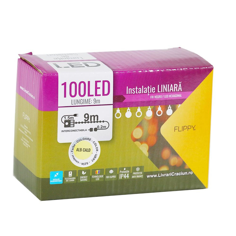 Instalatie de Craciun Flippy® Tip Liniara, Fir Negru, 9 m, 100 LED-uri Hexagonale, Interconectabila, Alb Cald - vivimall.ro
