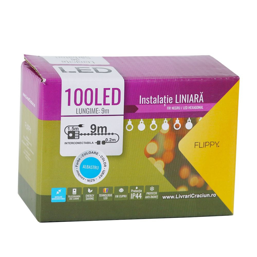 Instalatie de Craciun Flippy® Tip Liniara, Fir Negru, 9 m, 100 LED-uri Hexagonale, Interconectabila, Albastru - vivimall.ro