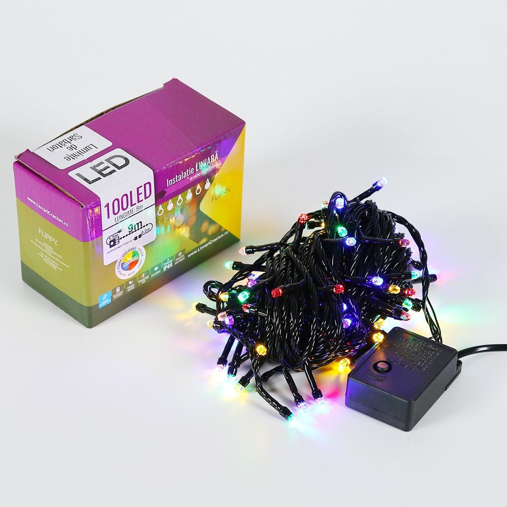 Instalatie de Craciun Flippy® Tip Liniara, Fir Negru, 9 m, 100 LED-uri Hexagonale, Interconectabila, Multicolor - vivimall.ro