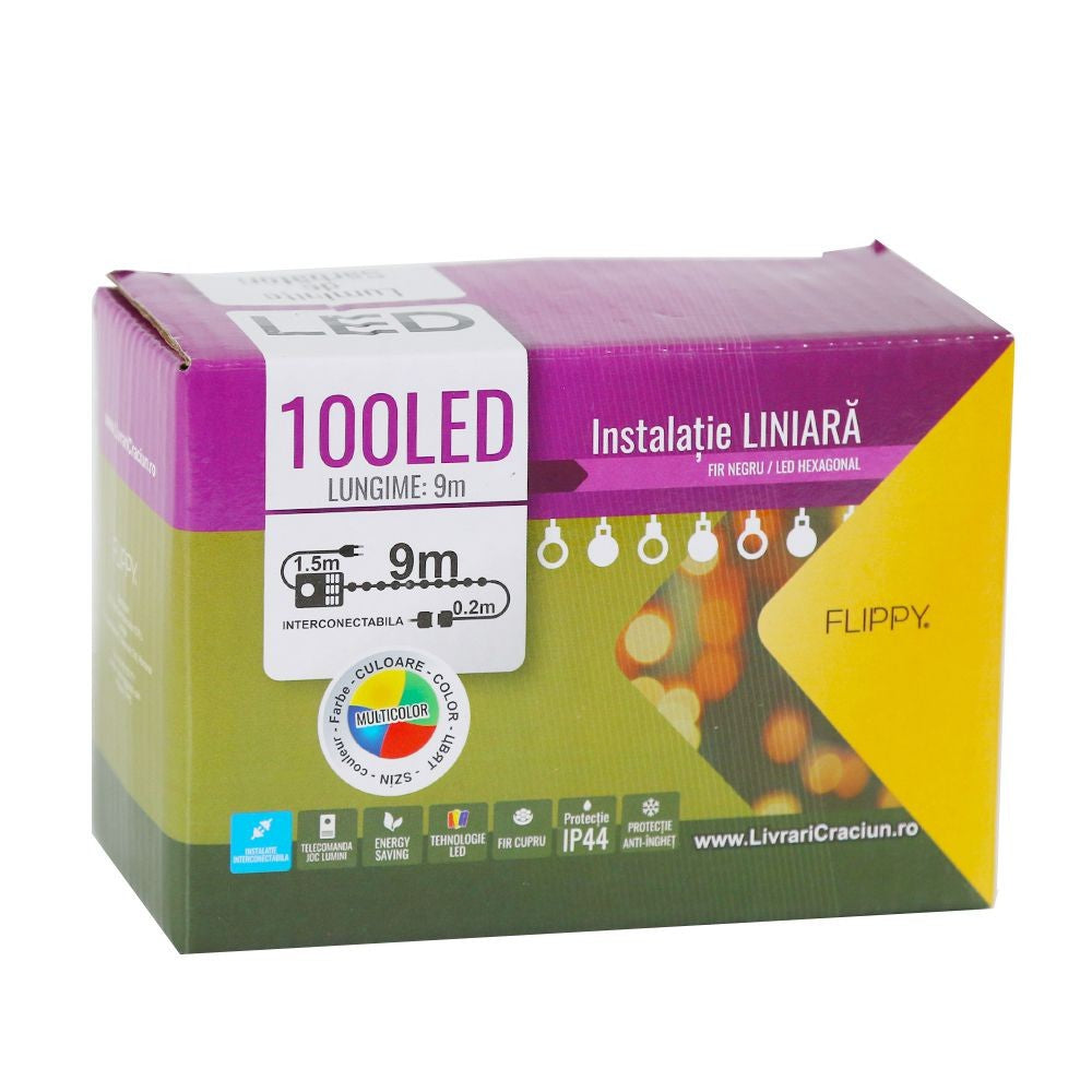 Instalatie de Craciun Flippy® Tip Liniara, Fir Negru, 9 m, 100 LED-uri Hexagonale, Interconectabila, Multicolor - vivimall.ro