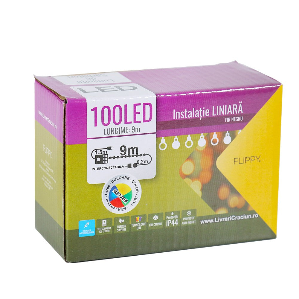 Instalatie de Craciun, Flippy®, Tip Liniara, Fir Negru, 9 m 100 LED-uri Interconectabila, Multicolor - vivimall.ro