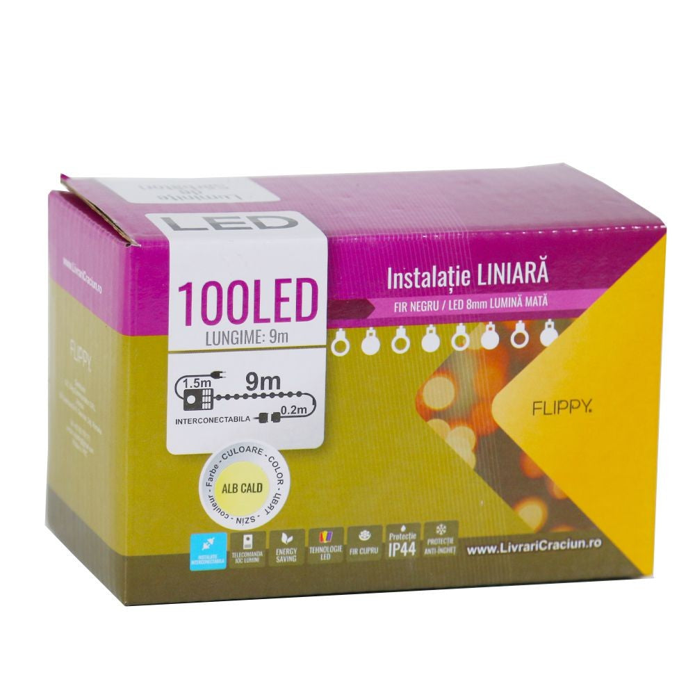Instalatie de Craciun Flippy® Tip Liniara, Fir Negru, 9 m, 100 LED-uri Mari Rotunde, Interconectabila, Alb Cald - vivimall.ro