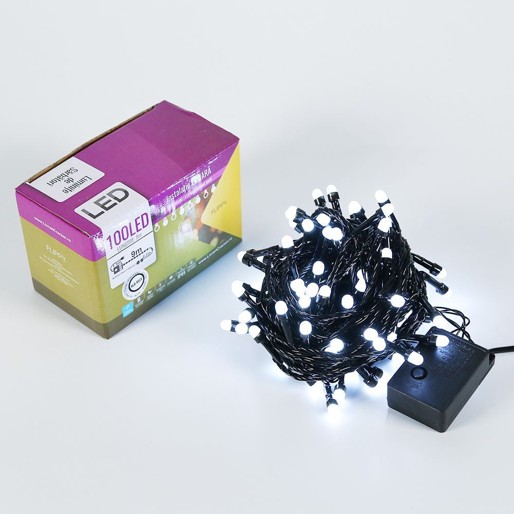 Instalatie de Craciun Flippy® Tip Liniara, Fir Negru, 9 m, 100 LED-uri Mari Rotunde, Interconectabila, Alb Rece - vivimall.ro