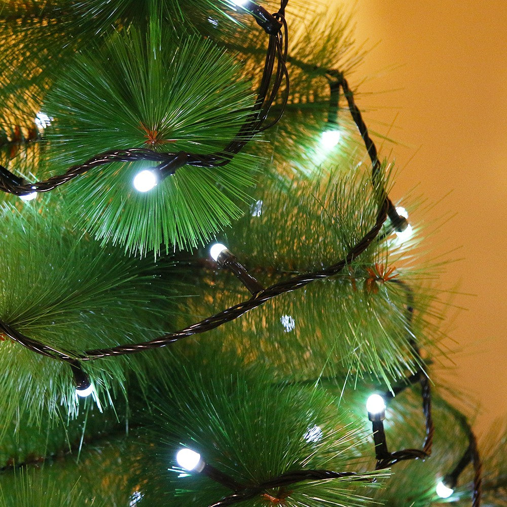 Instalatie de Craciun Flippy® Tip Liniara, Fir Negru, 9 m, 100 LED-uri Mari Rotunde, Interconectabila, Alb Rece - vivimall.ro