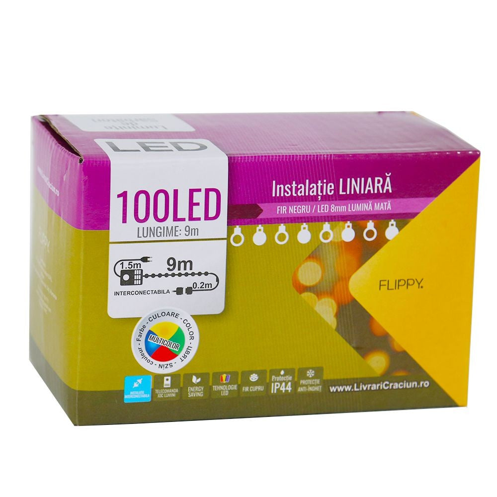 Instalatie de Craciun Flippy® Tip Liniara, Fir Negru, 9 m, 100 LED-uri Mari Rotunde, Interconectabila, Multicolor - vivimall.ro