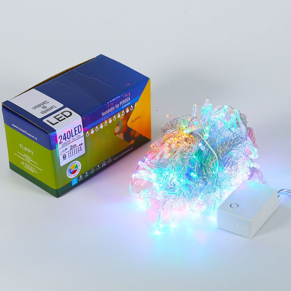 Instalatie de Craciun, Flippy®, Tip Perdea, 2 x 2 m, 240 LED-uri, Interconectabila, Multicolor - vivimall.ro