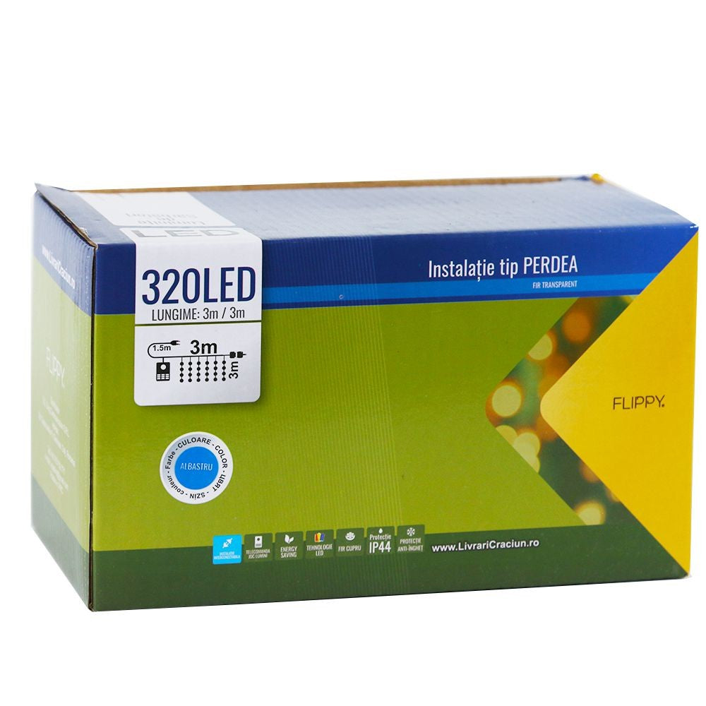 Instalatie de Craciun, Flippy®, Tip Perdea, 3 x 3 m, 320 LED-uri, Interconectabila, Albastru - vivimall.ro