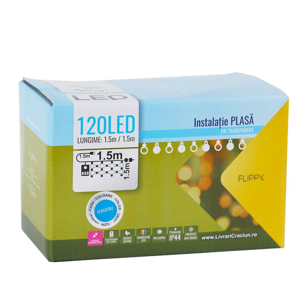 Instalatie de Craciun, Flippy®, Tip Plasa, 1.5 x 1.5 m, 120 LED-uri, Interconectabila, Albastru - vivimall.ro