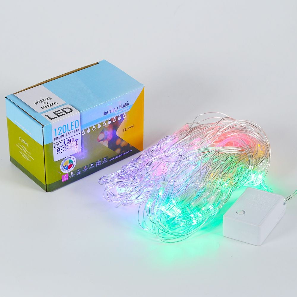 Instalatie de Craciun, Flippy®, Tip Plasa, 1.5 x 1.5 m, 120 LED-uri, Interconectabila, Multicolor - vivimall.ro