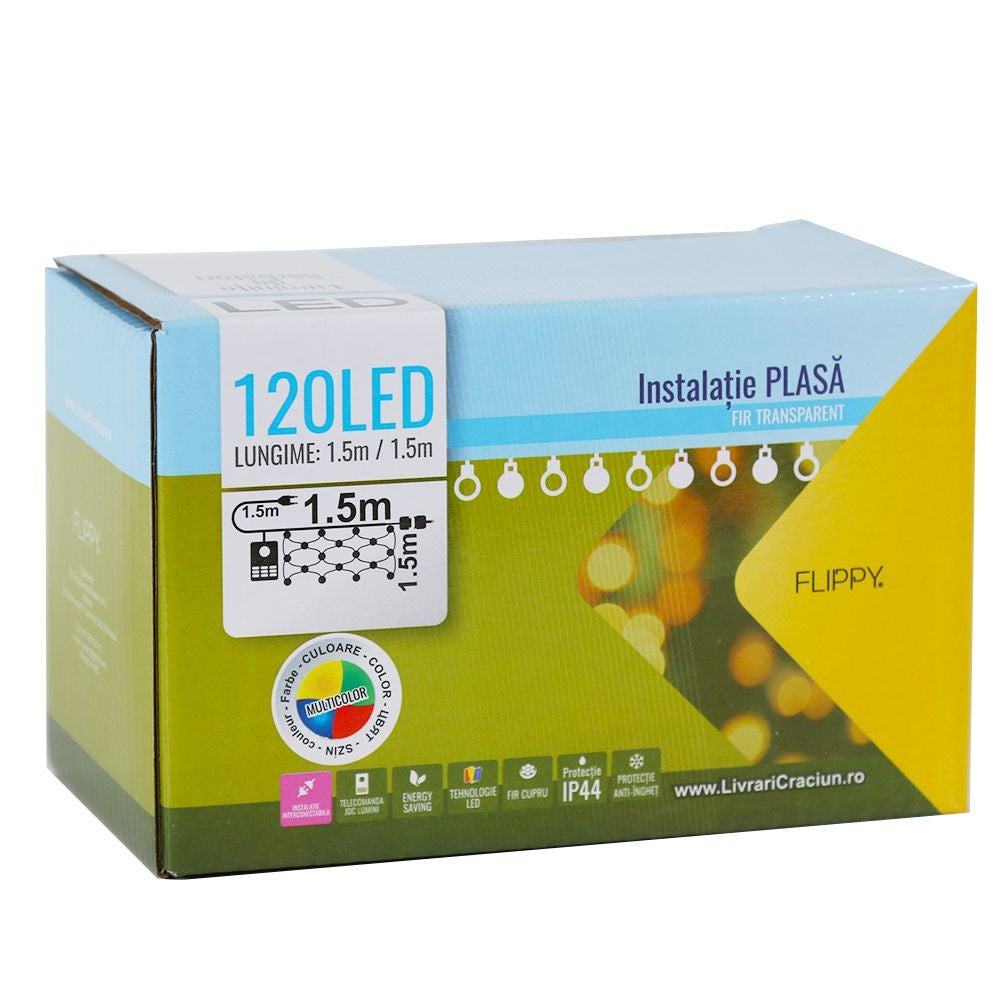 Instalatie de Craciun, Flippy®, Tip Plasa, 1.5 x 1.5 m, 120 LED-uri, Interconectabila, Multicolor - vivimall.ro