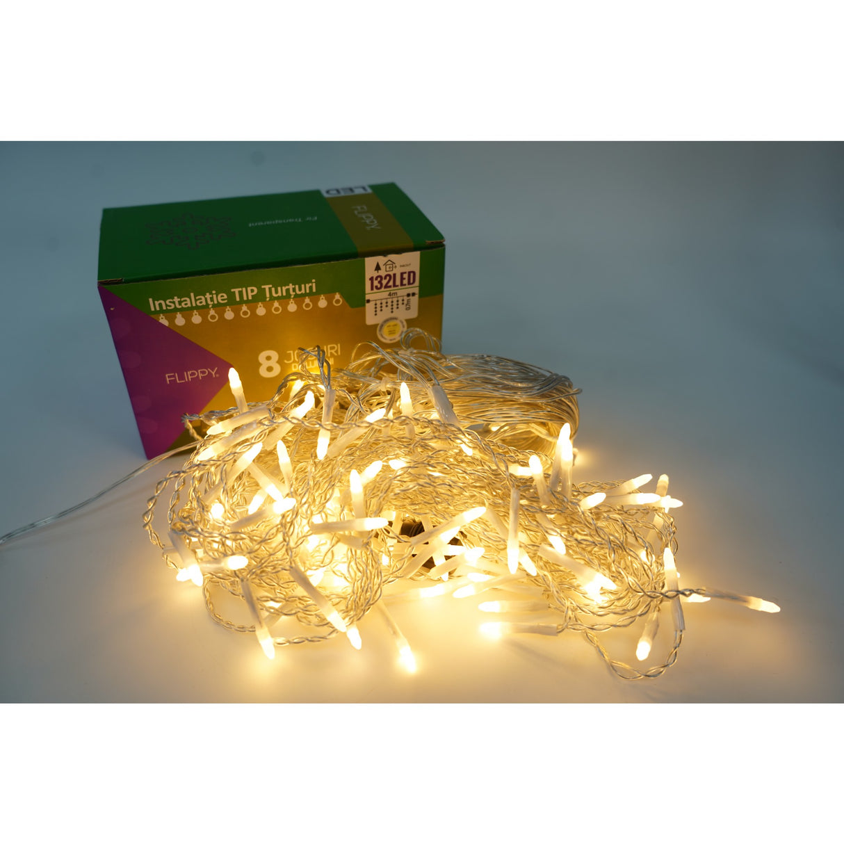 Instalatie de Craciun Vivimall® Tip Turturi, 8 jocuri de lumini Sectiune 4 m, 132 LED-uri, Interconectabila, Fir Transparent, Alb Cald - vivimall.ro
