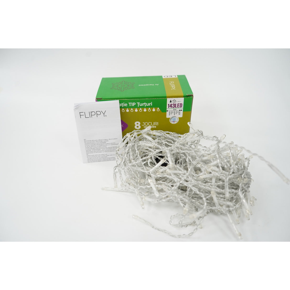 Sectiune Instalatie de Craciun Vivimall® Tip Turturi, Flash 5 m, 143 LED-uri, Interconectabila, Fir Transparent, RB-RG, Atentie! nu contine alimentator - vivimall.ro