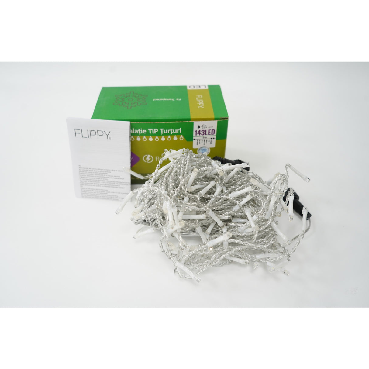 Instalație Crăciun Flippy tip țurțuri cu 143 LED-uri flash, secțiune 5 m, fir transparent, culori RB-RG, vedere frontală