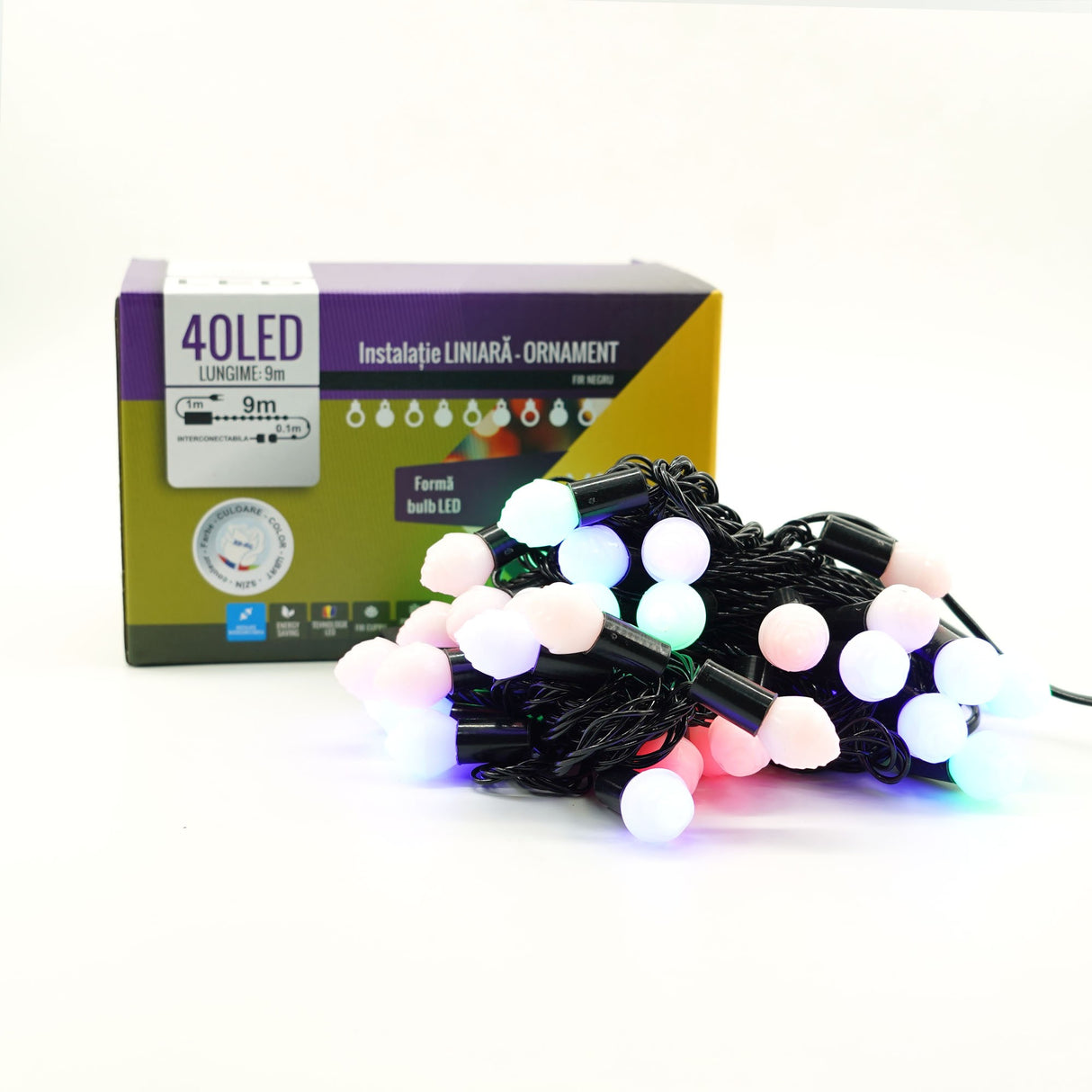 Instalatie de Craciun Liniara RGRB Yoto, 10 m, din care 1 m Prelungitor 220V, 40 LED, Bilute Mate, Interconectabila, Utilizare Interior/Exterior, Fir Negru, multicolor - vivimall.ro