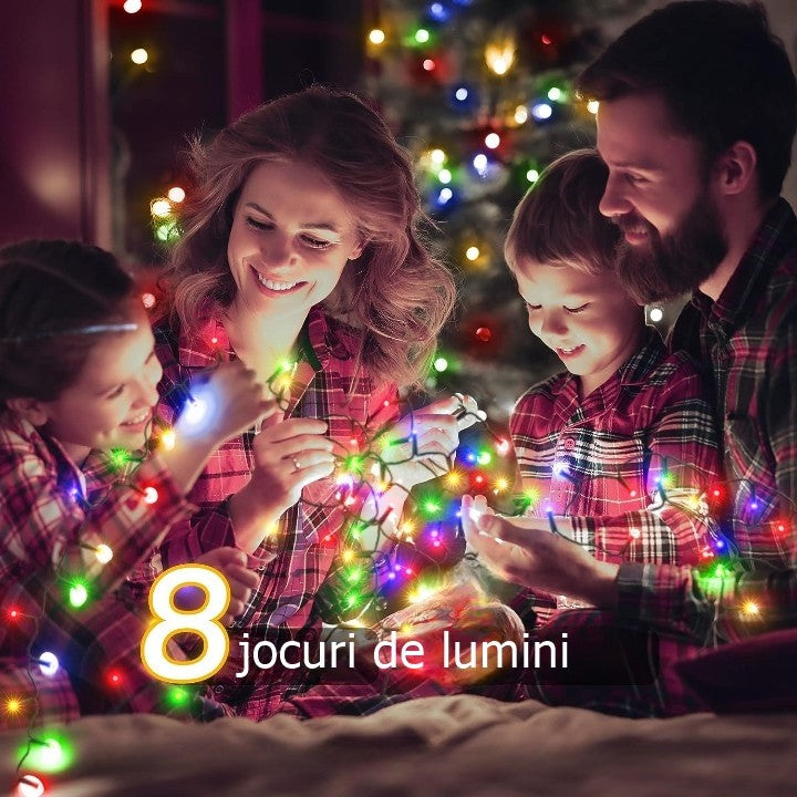 Instalatie de Craciun liniara Yoto, 10 m, din care 1 m cablu priza 220V, 100 LED, 8 jocuri de lumini, beculet in 6 colturi, pentru interior, controler, fir negru, multicolor - vivimall.ro