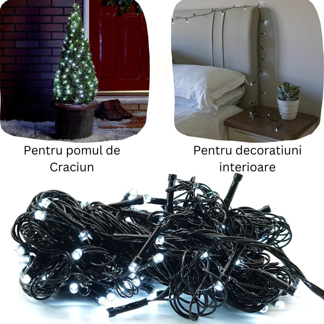 Instalatie de Craciun liniara Yoto, 10 m, din care 1 m cablu priza 220V, 100 LED, 8 jocuri de lumini, controler, fir negru, alb rece - vivimall.ro