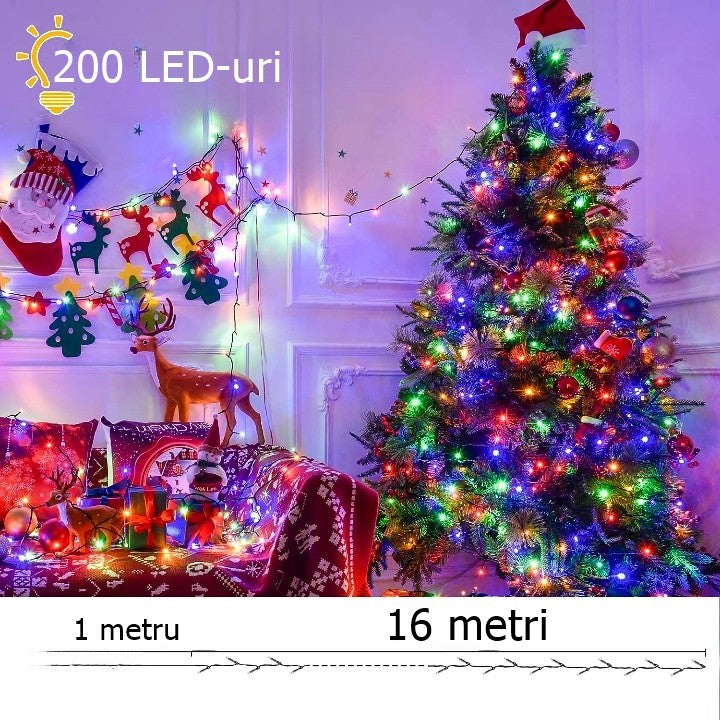 Instalatie de Craciun liniara Yoto, 17 m, din care 1 m cablu priza 220V, 200 LED, 8 jocuri de lumini, beculet in 6 colturi, pentru interior, controler, fir negru, multicolor - vivimall.ro