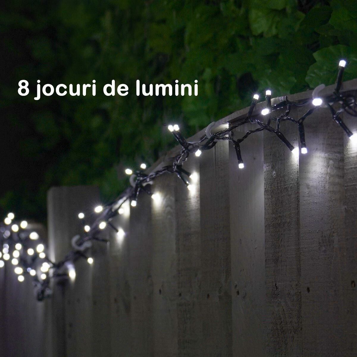 Instalatie de Craciun liniara Yoto, 24 m, din care 1 m cablu priza 220V, 300 LED, 8 jocuri de lumini, beculet in 6 colturi, pentru interior, controler, fir negru, alb rece - vivimall.ro
