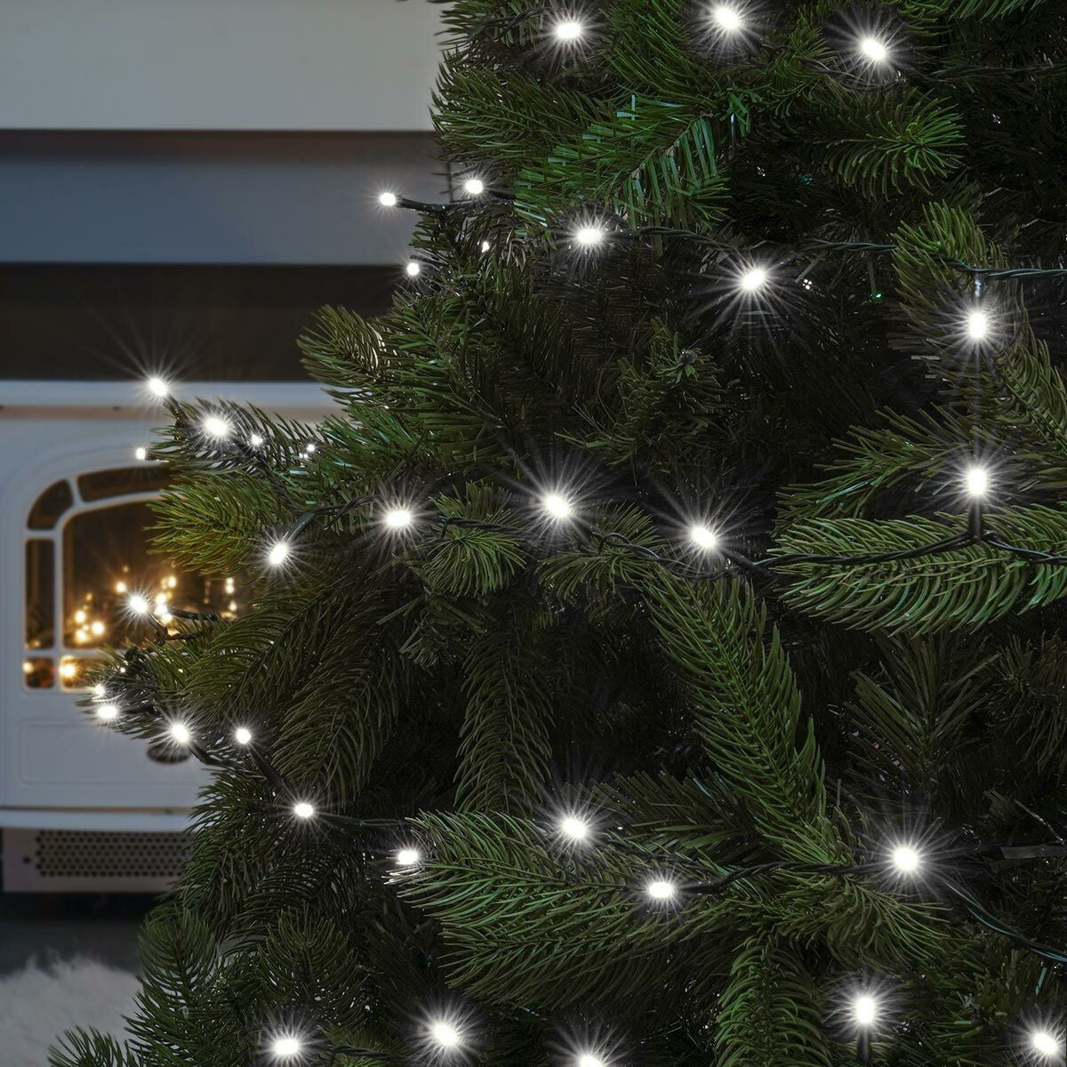 Instalatie de Craciun liniara Yoto, 24 m, din care 1 m cablu priza 220V, 300 LED, 8 jocuri de lumini, beculet in 6 colturi, pentru interior, controler, fir negru, alb rece - vivimall.ro