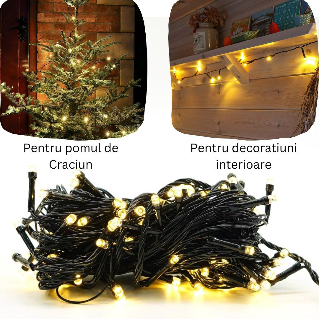 Instalatie de Craciun liniara Yoto, 24 m, din care 1 m cablu priza 220V, 300 LED, 8 jocuri de lumini, controler, fir negru, alb cald - vivimall.ro