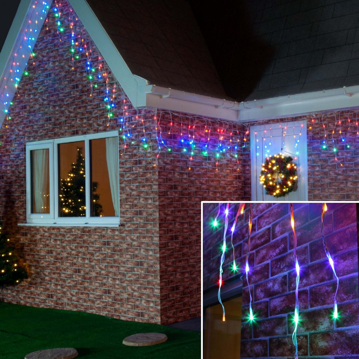 Instalație de Crăciun Vivimall franjuri cu flash 4 m, 132 LED-uri multicolor, vedere frontală completă