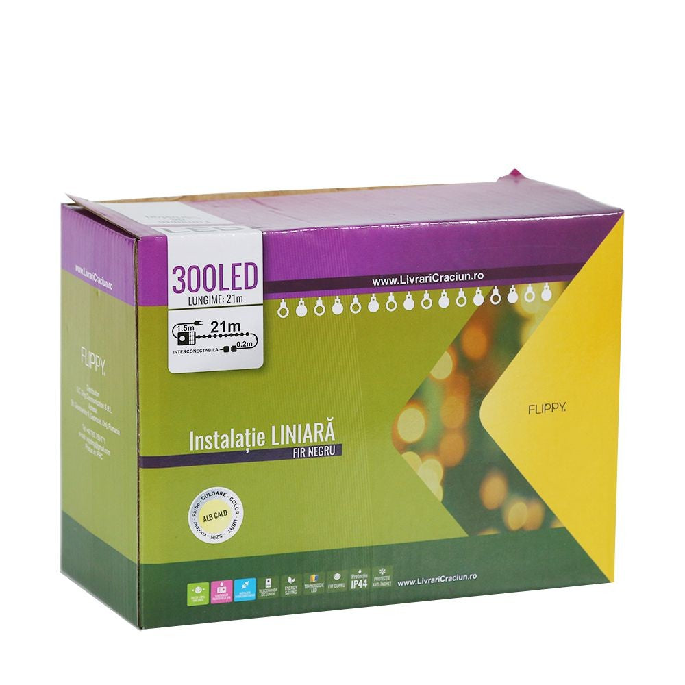 Instalatie de Craciun, Premium Flippy®, Tip Liniara, 21 m, 300 LED-uri, Interconectabila, Alb Cald - vivimall.ro